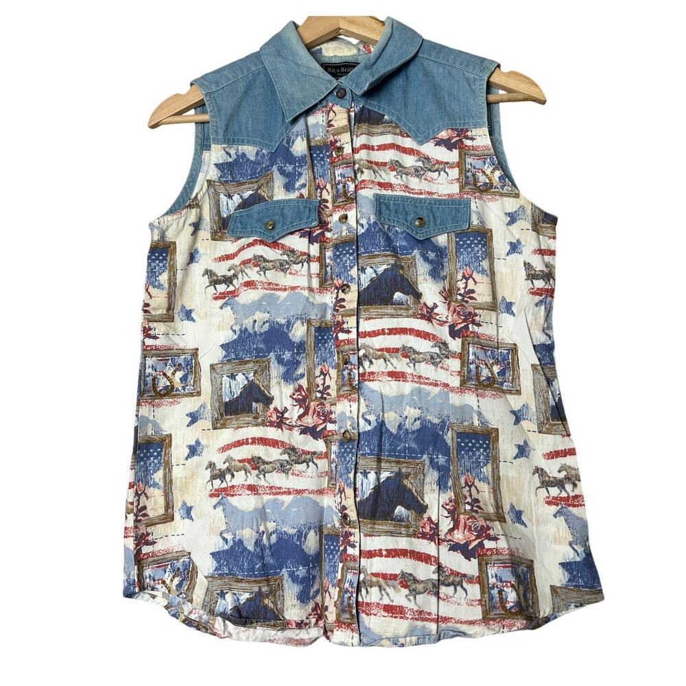 Bit & Bridle For Her 100% Cotton Small Vest Denim Horse Print